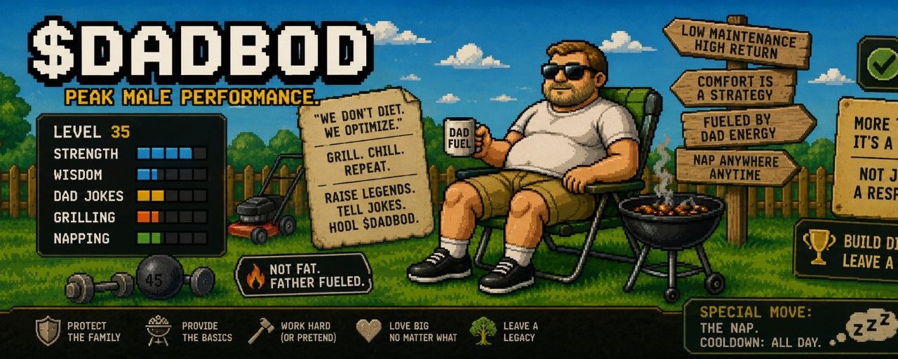 $DADBOD pixel art banner with dad in lawn chair, grill, mug labeled DAD FUEL, and stat panel