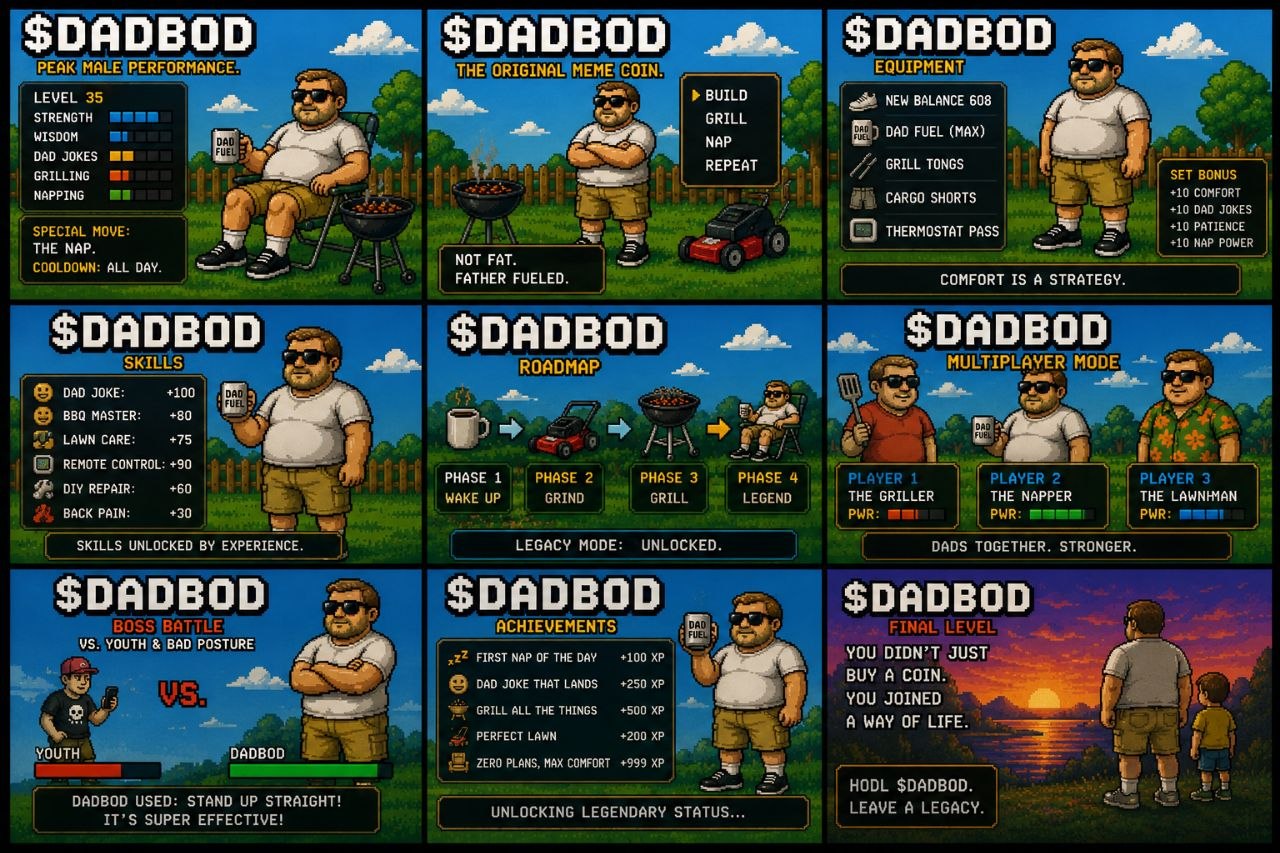 $DADBOD pixel art 3x3 grid showing stats, equipment, skills, roadmap, multiplayer mode, boss battle, achievements, and final level